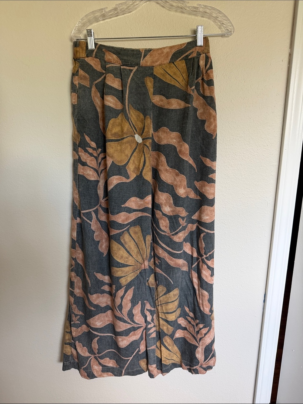 Wide Leg Floral Print Linen Pants in Charcoal and Rust